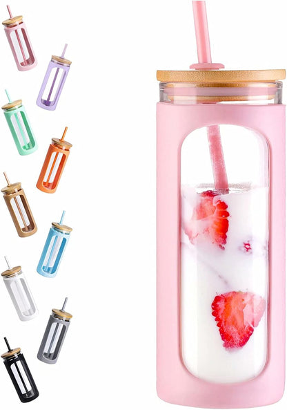 20oz Glass Water Tumbler with Straw and Lid, Bamboo Lids Water Bottle, Iced Coffee Cup Reusable, Wide Mouth Smoothie Cups with Protective Silicone Sleeve BPA FREE-Pink
