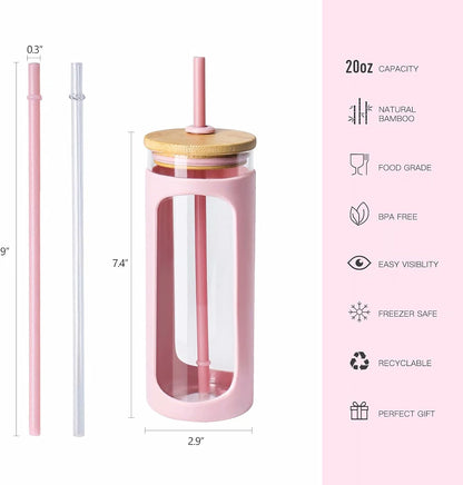 20oz Glass Water Tumbler with Straw and Lid, Bamboo Lids Water Bottle, Iced Coffee Cup Reusable, Wide Mouth Smoothie Cups with Protective Silicone Sleeve BPA FREE-Pink