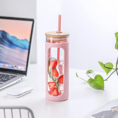 20oz Glass Water Tumbler with Straw and Lid, Bamboo Lids Water Bottle, Iced Coffee Cup Reusable, Wide Mouth Smoothie Cups with Protective Silicone Sleeve BPA FREE-Pink