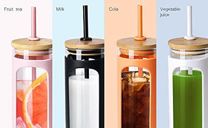 20oz Glass Water Tumbler with Straw and Lid, Bamboo Lids Water Bottle, Iced Coffee Cup Reusable, Wide Mouth Smoothie Cups with Protective Silicone Sleeve BPA FREE-Pink