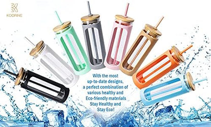 20oz Glass Water Tumbler with Straw and Lid, Bamboo Lids Water Bottle, Iced Coffee Cup Reusable, Wide Mouth Smoothie Cups with Protective Silicone Sleeve BPA FREE-Pink