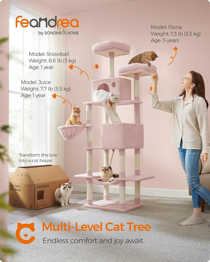 Feandrea Cat Tree, 81.1-Inch Large Cat Tower, Multi-Level Condo, Jelly Pink