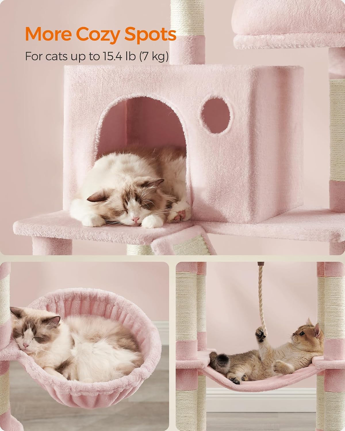 Feandrea Cat Tree, 81.1-Inch Large Cat Tower, Multi-Level Condo, Jelly Pink