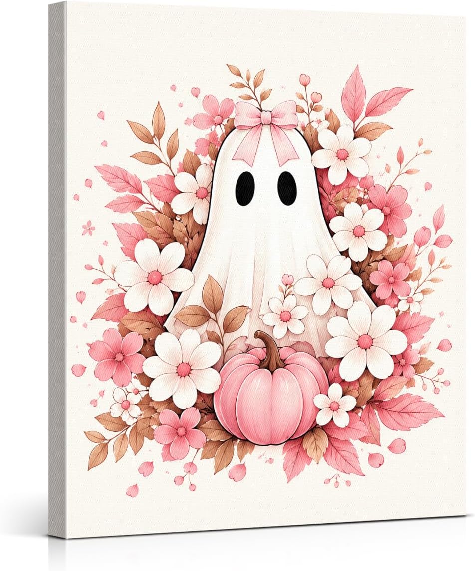Halloween Ghost Wall Art, Pink Coquette Fall Floral Ghost Canvas Prints