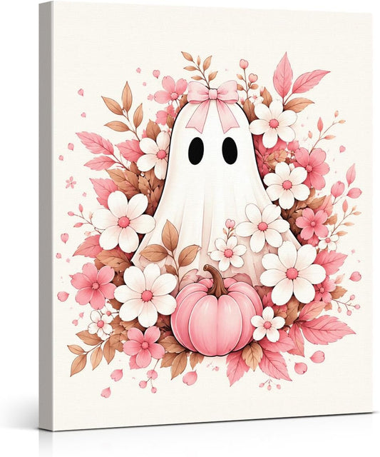 Halloween Ghost Wall Art, Pink Coquette Fall Floral Ghost Canvas Prints