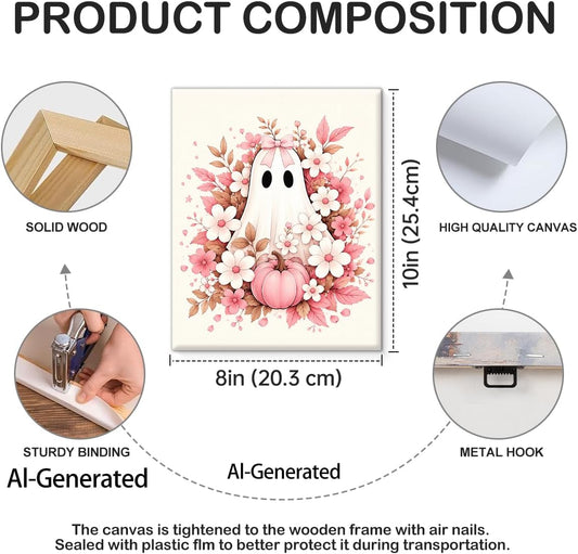 Halloween Ghost Wall Art, Pink Coquette Fall Floral Ghost Canvas Prints