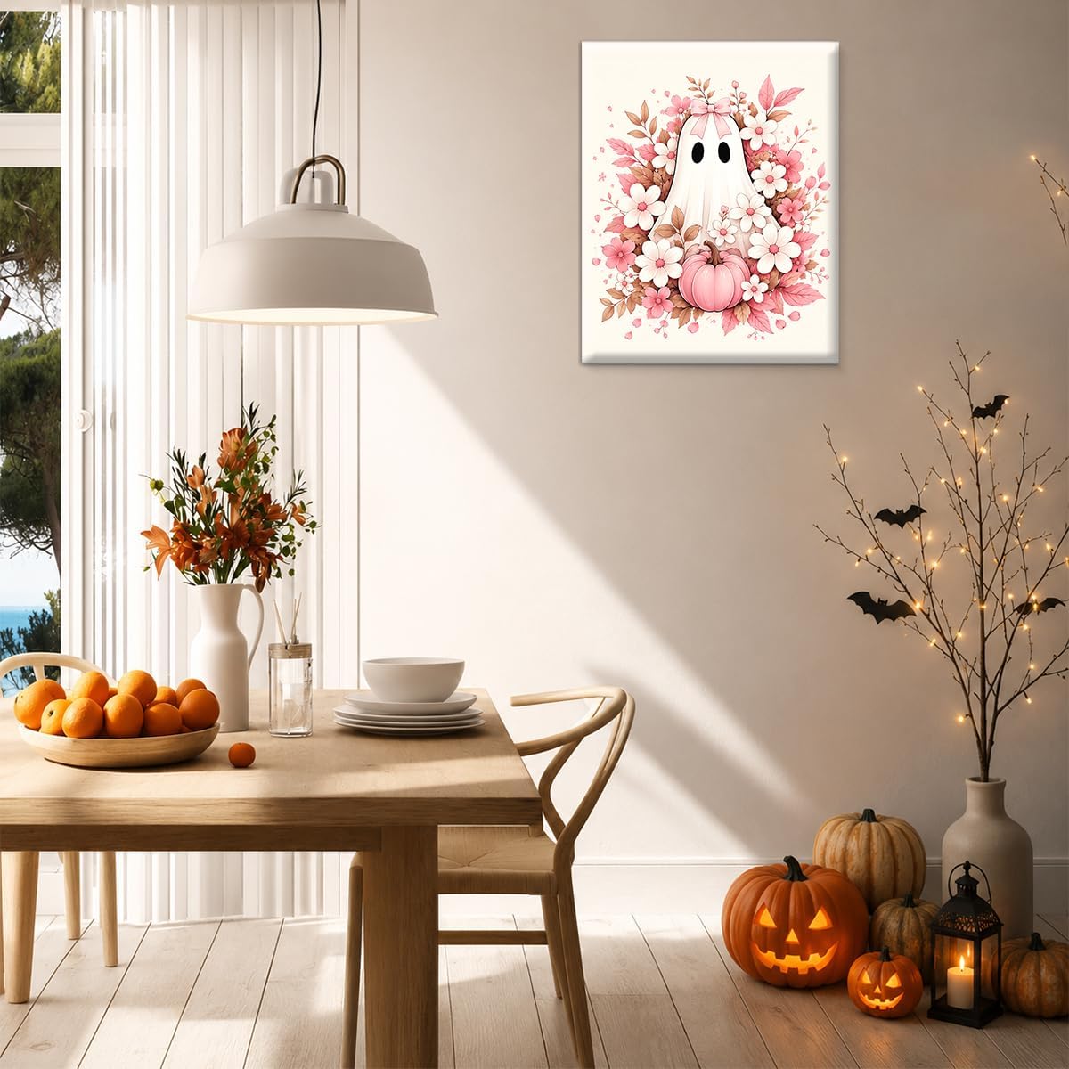 Halloween Ghost Wall Art, Pink Coquette Fall Floral Ghost Canvas Prints