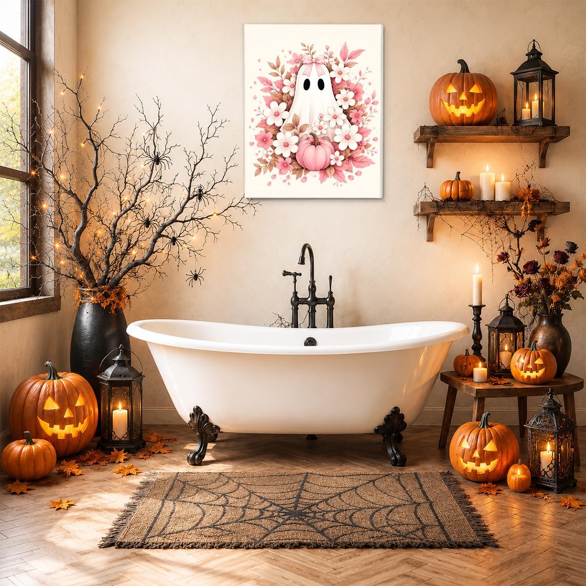 Halloween Ghost Wall Art, Pink Coquette Fall Floral Ghost Canvas Prints