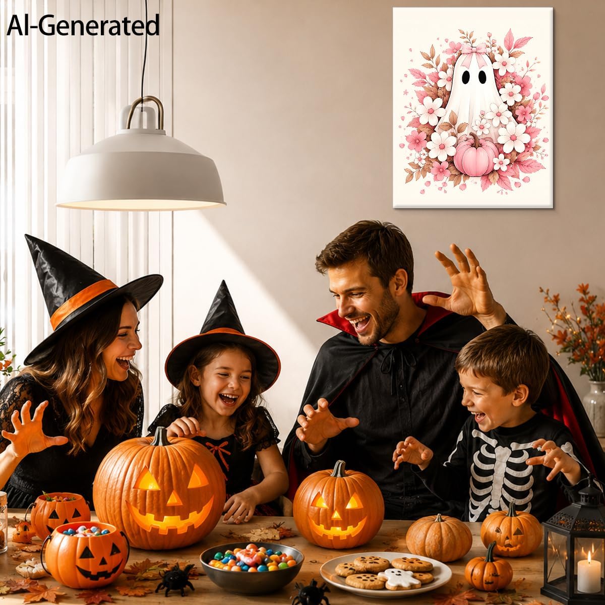 Halloween Ghost Wall Art, Pink Coquette Fall Floral Ghost Canvas Prints