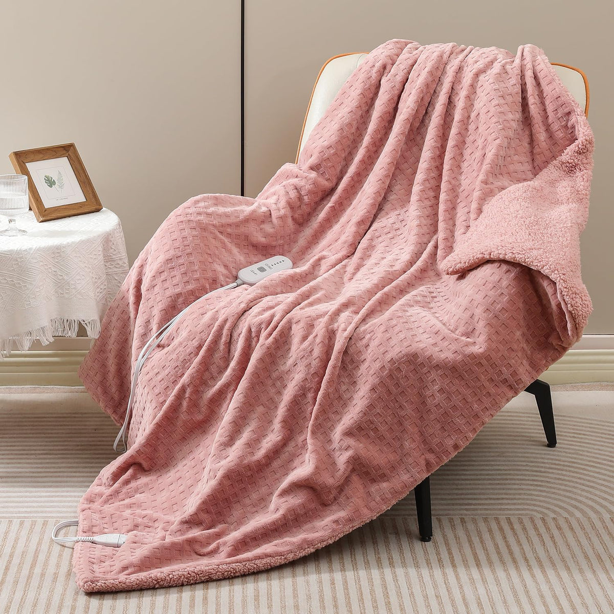 Pink Heated Blanket Electric Throw Waffle Fleece 50x60