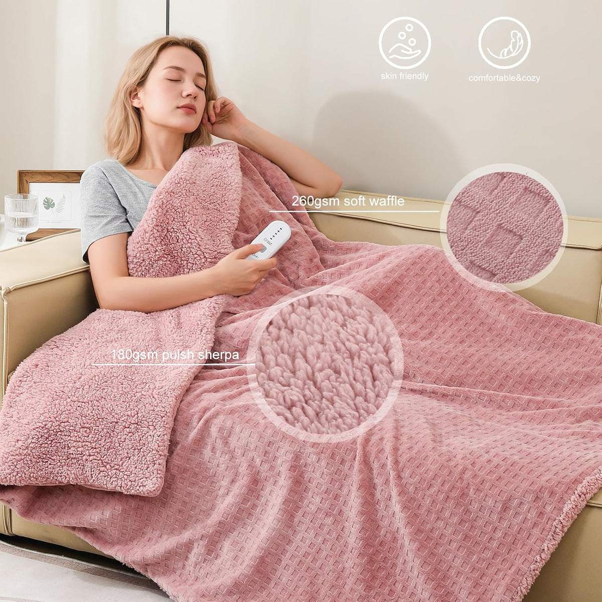 Pink Heated Blanket Electric Throw Waffle Fleece 50x60