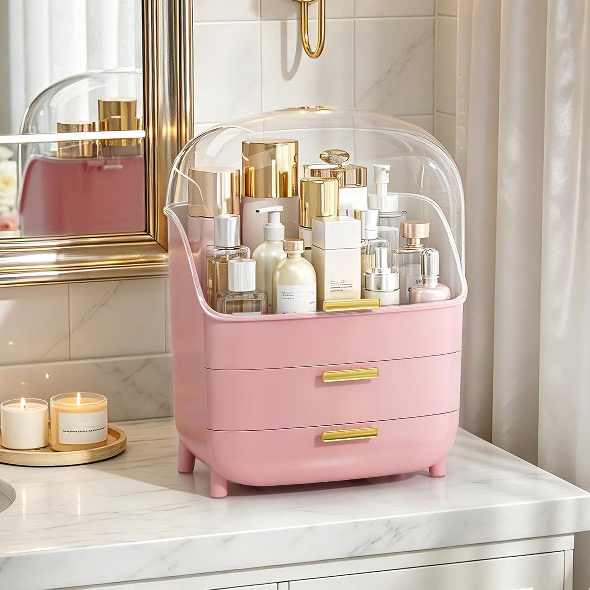 3-Tier Skincare Makeup Organizer with Lids, Pink