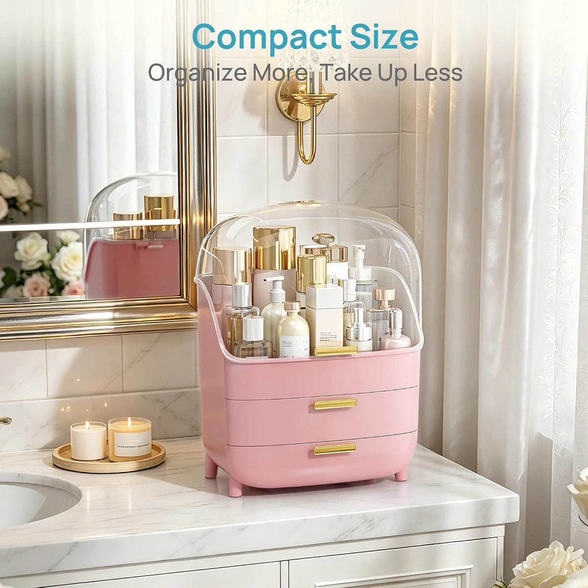 3-Tier Skincare Makeup Organizer with Lids, Pink