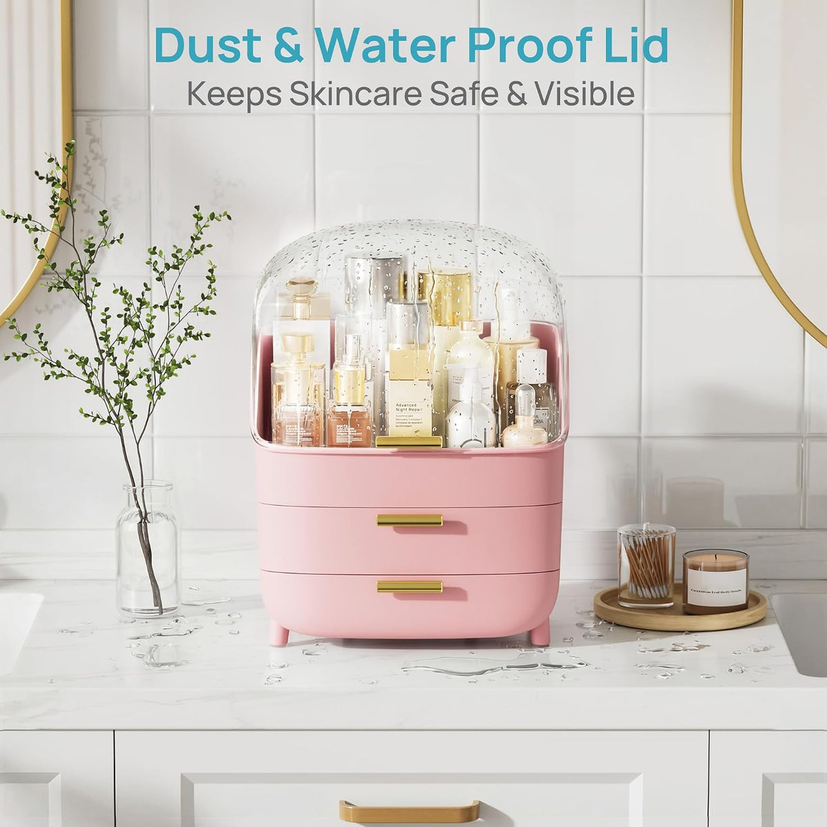 3-Tier Skincare Makeup Organizer with Lids, Pink