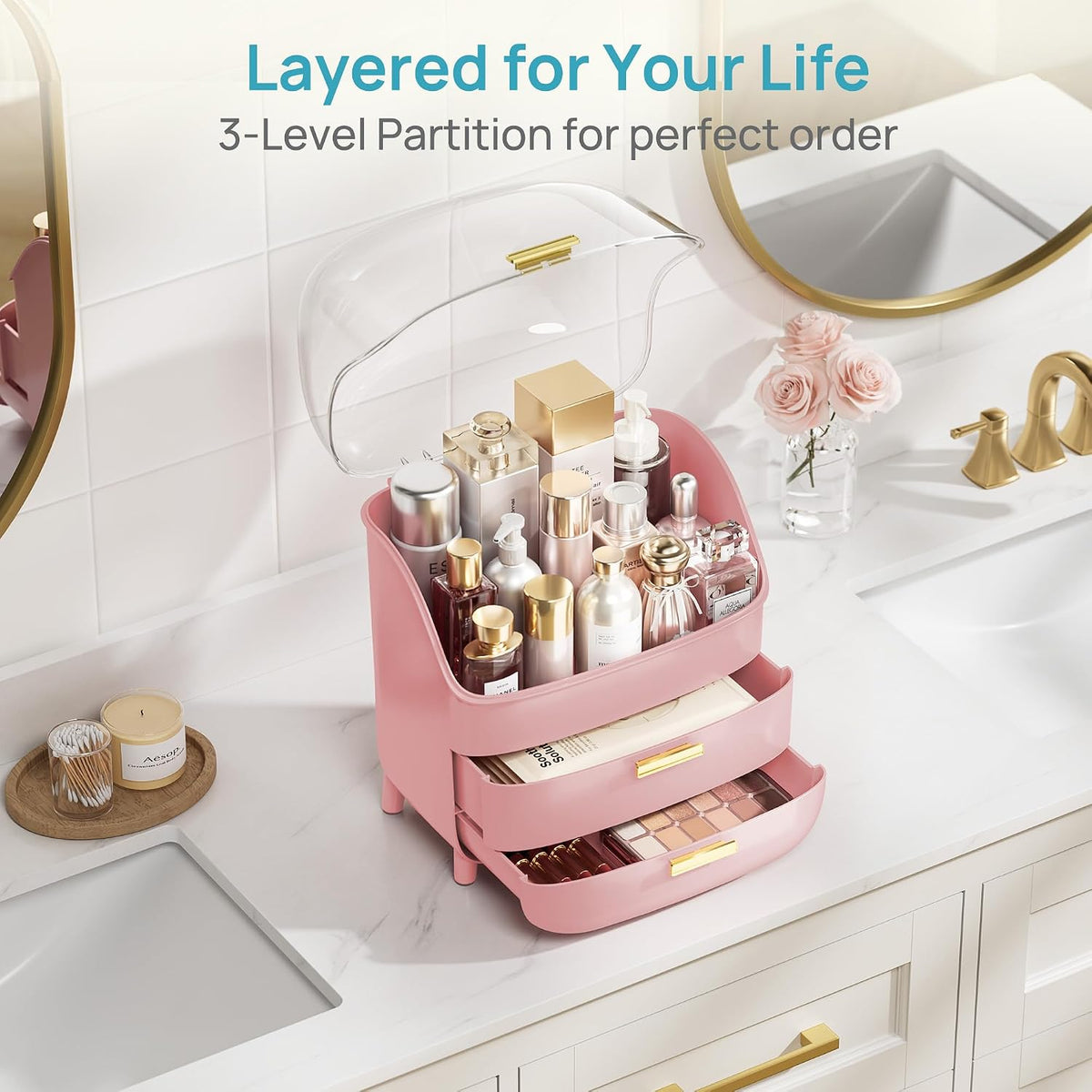 3-Tier Skincare Makeup Organizer with Lids, Pink
