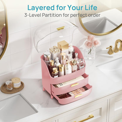 3-Tier Skincare Makeup Organizer with Lids, Pink