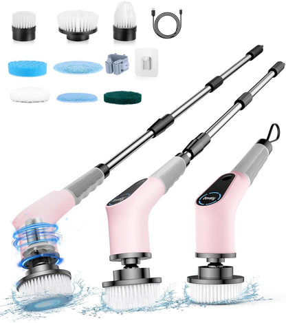 Electric Spin Scrubber, Cordless Cleaning Brush, Shower Scrubber with 8 Replaceable Brush Head, Power Cleaning Brush with Extension Handle, 2 Adjustable Speed, for Bathtub Tile Floor (Pink)