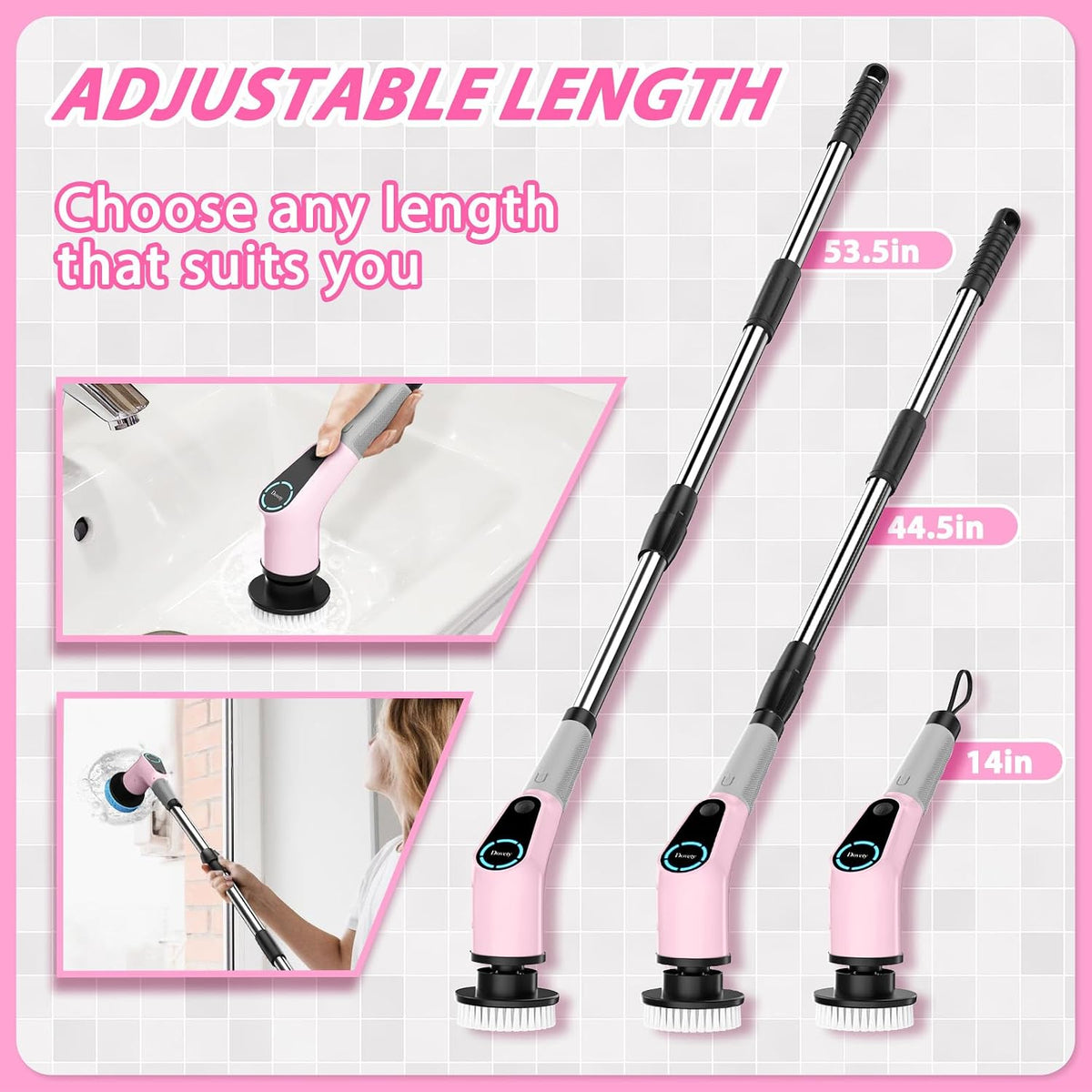 Electric Spin Scrubber, Cordless Cleaning Brush, Shower Scrubber with 8 Replaceable Brush Head, Power Cleaning Brush with Extension Handle, 2 Adjustable Speed, for Bathtub Tile Floor (Pink)