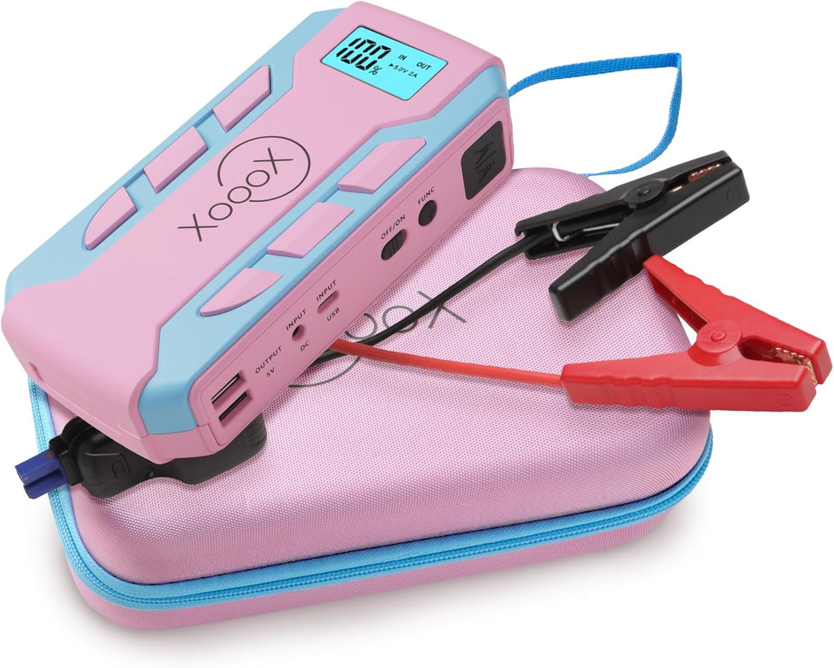 Pink Portable Car Battery Jump Starter Kit with Jumper Cables, LED Light and Case; 12V Jump Start Battery Pack; Portable Battery Charger for USB/USB-C Devices