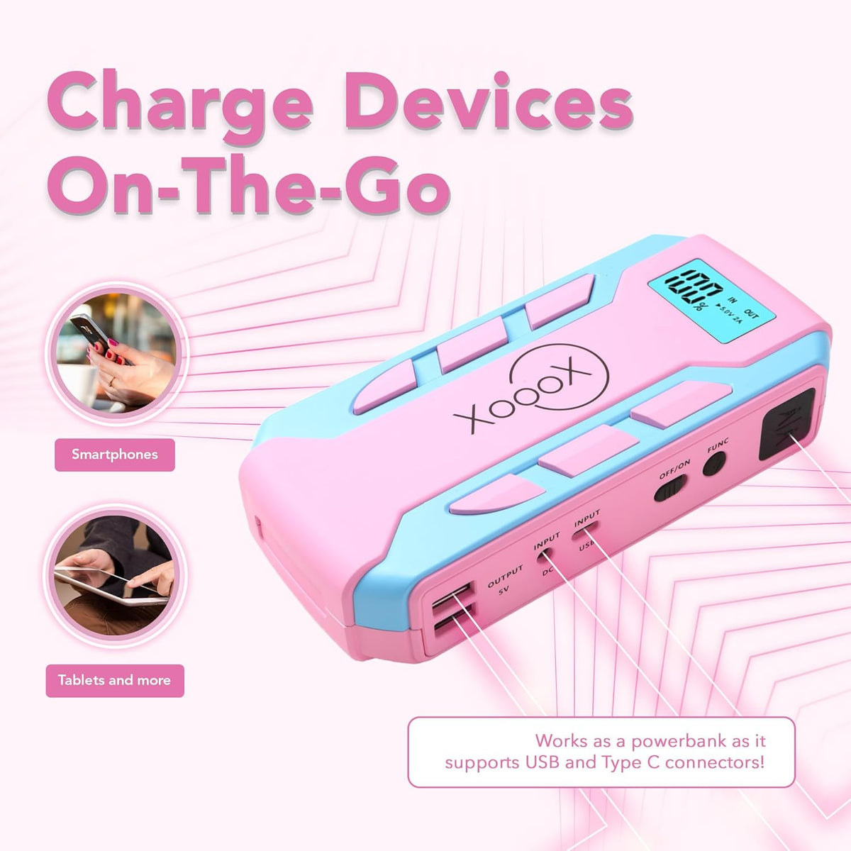Pink Portable Car Battery Jump Starter Kit with Jumper Cables, LED Light and Case; 12V Jump Start Battery Pack; Portable Battery Charger for USB/USB-C Devices