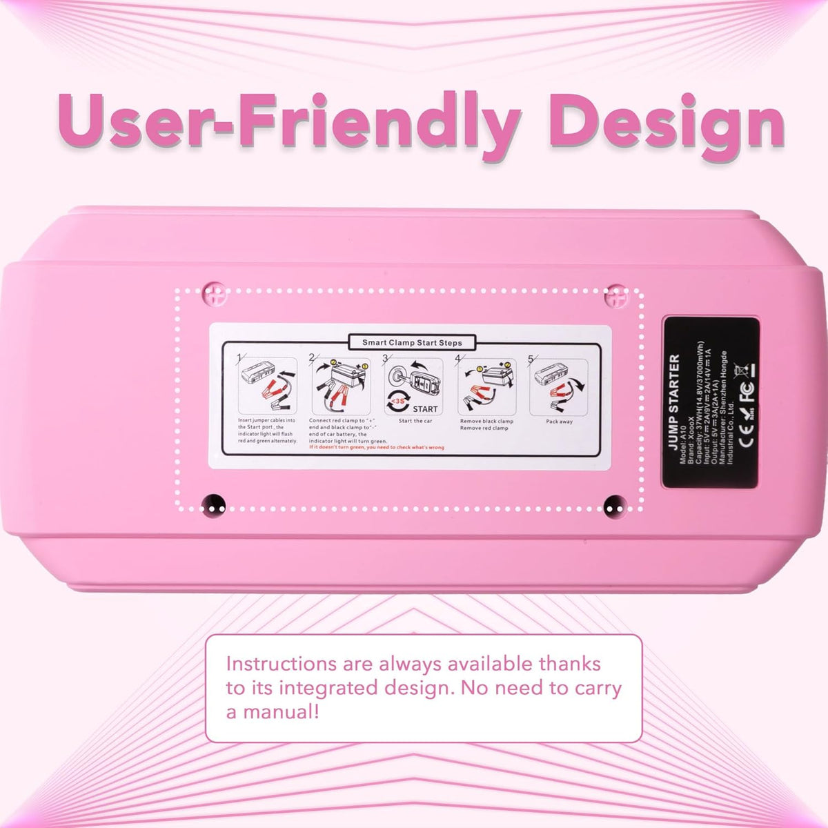 Pink Portable Car Battery Jump Starter Kit with Jumper Cables, LED Light and Case; 12V Jump Start Battery Pack; Portable Battery Charger for USB/USB-C Devices