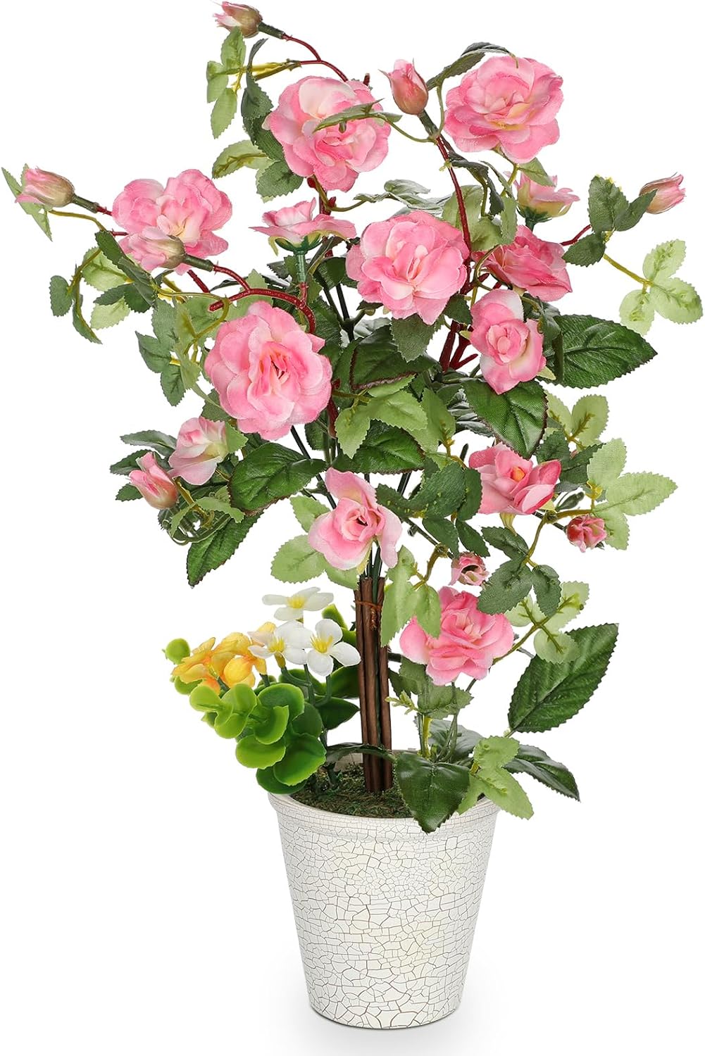 Artificial Plants & Flowers in Vase Pink Camellia Roses Faux Flower Plant Arrangement with Pot Fake Rose Flowers Home Decor Office Bathroom Shelf Desk Table Decoration