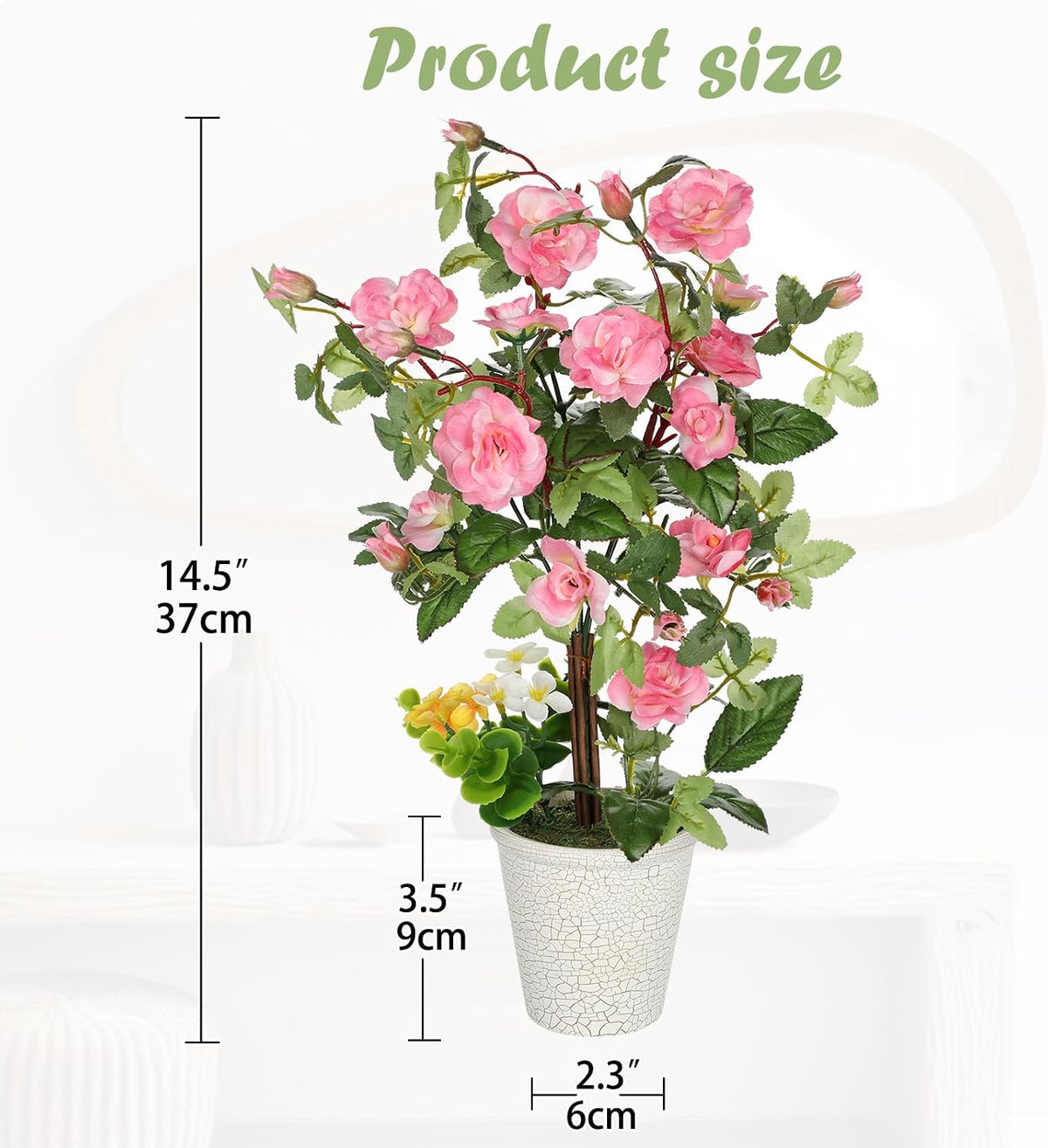 Artificial Plants & Flowers in Vase Pink Camellia Roses Faux Flower Plant Arrangement with Pot Fake Rose Flowers Home Decor Office Bathroom Shelf Desk Table Decoration