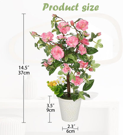Artificial Plants & Flowers in Vase Pink Camellia Roses Faux Flower Plant Arrangement with Pot Fake Rose Flowers Home Decor Office Bathroom Shelf Desk Table Decoration