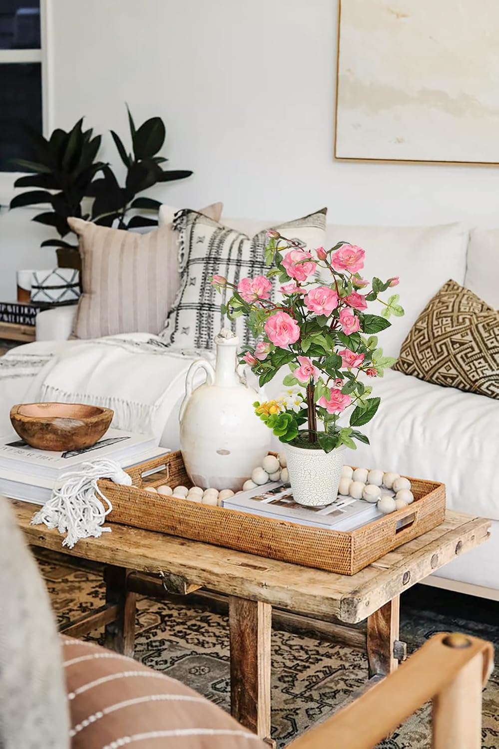 Artificial Plants & Flowers in Vase Pink Camellia Roses Faux Flower Plant Arrangement with Pot Fake Rose Flowers Home Decor Office Bathroom Shelf Desk Table Decoration