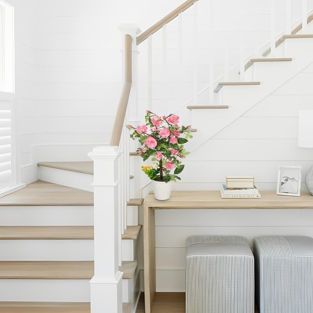 Artificial Plants & Flowers in Vase Pink Camellia Roses Faux Flower Plant Arrangement with Pot Fake Rose Flowers Home Decor Office Bathroom Shelf Desk Table Decoration