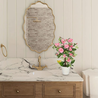 Artificial Plants & Flowers in Vase Pink Camellia Roses Faux Flower Plant Arrangement with Pot Fake Rose Flowers Home Decor Office Bathroom Shelf Desk Table Decoration