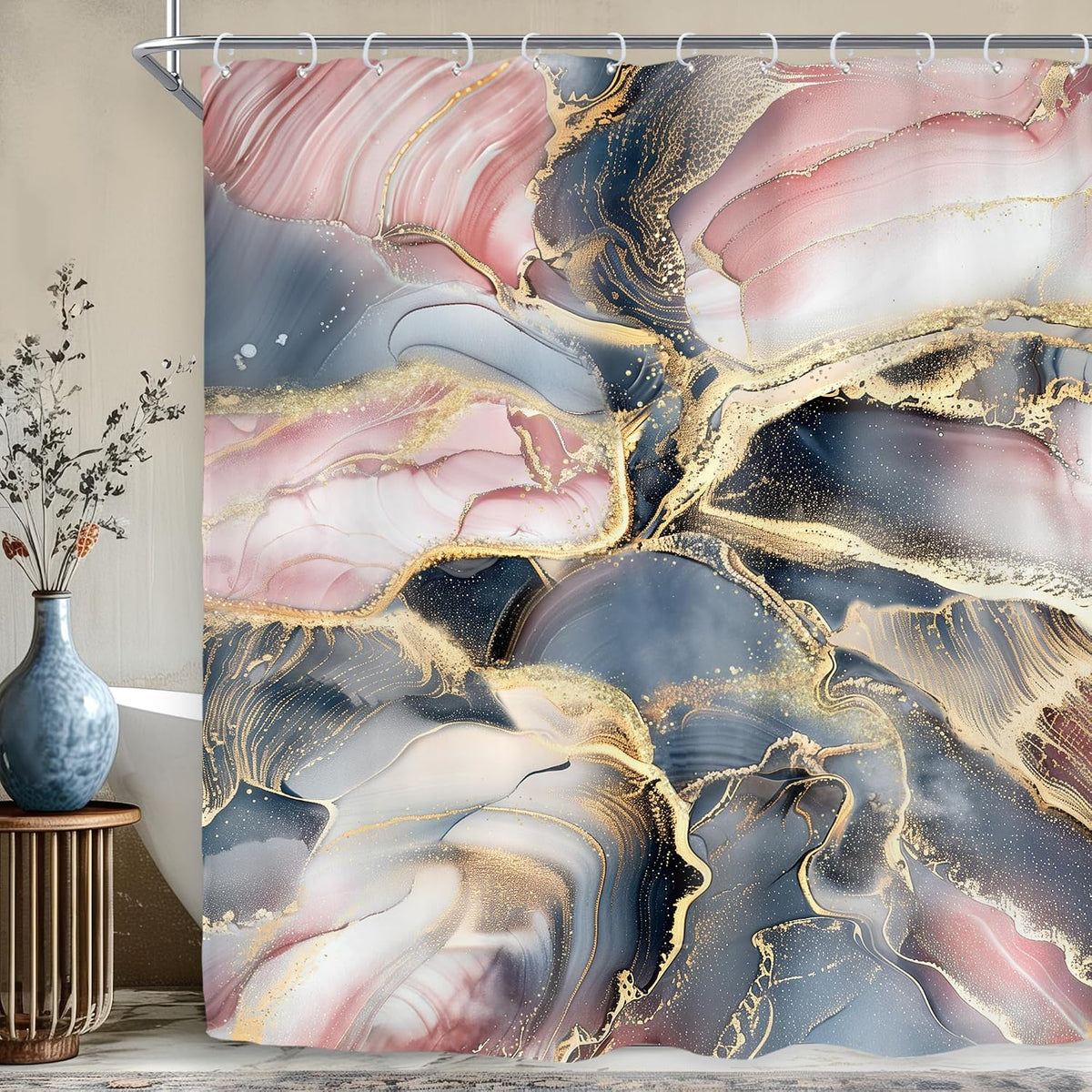 Navy Blue Pink Rose Gold Marble Abstract Modern Bathroom Shower Curtain Set