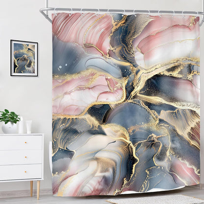 Navy Blue Pink Rose Gold Marble Abstract Modern Bathroom Shower Curtain Set
