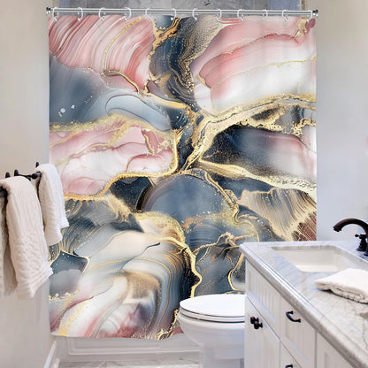 Navy Blue Pink Rose Gold Marble Abstract Modern Bathroom Shower Curtain Set