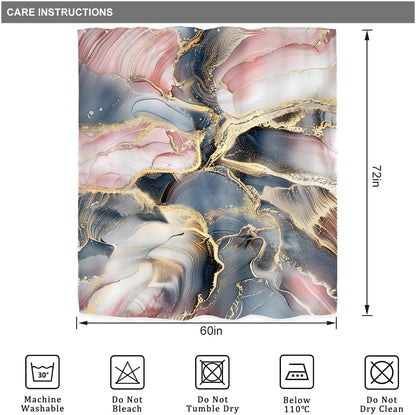 Navy Blue Pink Rose Gold Marble Abstract Modern Bathroom Shower Curtain Set