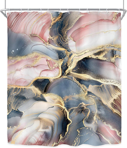 Navy Blue Pink Rose Gold Marble Abstract Modern Bathroom Shower Curtain Set