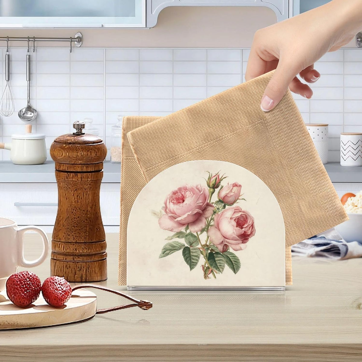 Pink Roses Vintage Napkin Holder Napkin Dispenser Acrylic Paper Tissue Storage for Kitchen Coffee Table 1 Pack