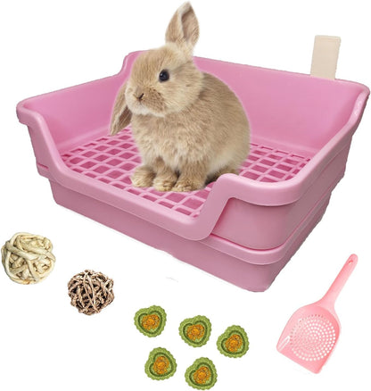 Large Rabbit Litter Box Deep Bunny Corner Toilet Box Double-Deck Small Animal Potty Trainer with Hooks for Adult Guinea Pig Chinchilla Ferret Chipmunk (Pink)