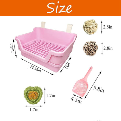 Large Rabbit Litter Box Deep Bunny Corner Toilet Box Double-Deck Small Animal Potty Trainer with Hooks for Adult Guinea Pig Chinchilla Ferret Chipmunk (Pink)