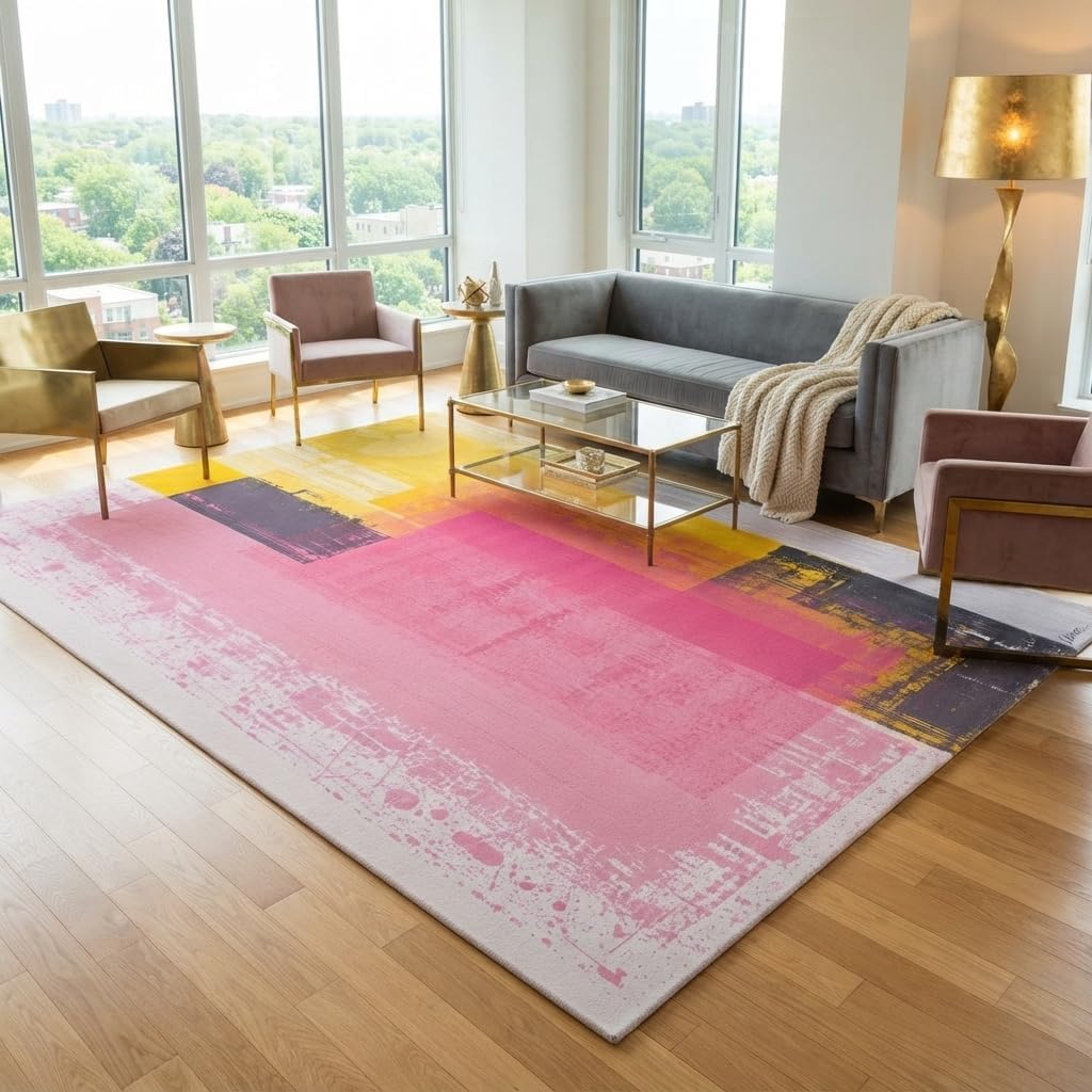 Pastel Pink Yellow Grey Modern Abstract Aesthetic Area Rug 4x6 Washable Soft Wool Art Decor Rug for Living Room Bedroom Diningroom Minimalist Nursery Dorm Room Home Office Indoor Carpet Mat