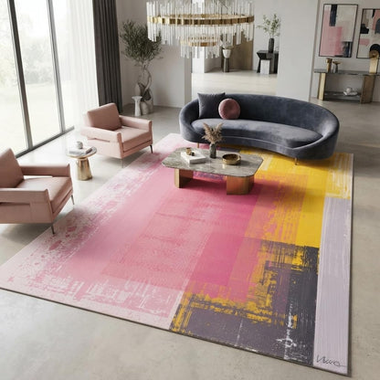 Pastel Pink Yellow Grey Modern Abstract Aesthetic Area Rug 4x6 Washable Soft Wool Art Decor Rug for Living Room Bedroom Diningroom Minimalist Nursery Dorm Room Home Office Indoor Carpet Mat