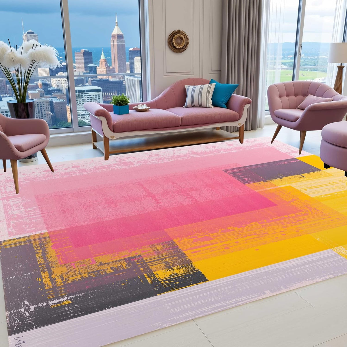 Pastel Pink Yellow Grey Modern Abstract Aesthetic Area Rug 4x6 Washable Soft Wool Art Decor Rug for Living Room Bedroom Diningroom Minimalist Nursery Dorm Room Home Office Indoor Carpet Mat