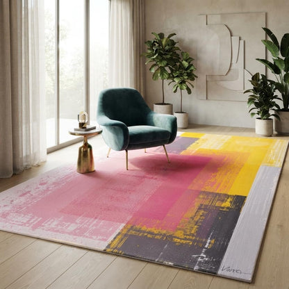 Pastel Pink Yellow Grey Modern Abstract Aesthetic Area Rug 4x6 Washable Soft Wool Art Decor Rug for Living Room Bedroom Diningroom Minimalist Nursery Dorm Room Home Office Indoor Carpet Mat