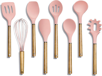 Non Stick Silicone Utensil Set with Rounded Wood Handles for Cooking and Baking, 8 Piece Set, Pink