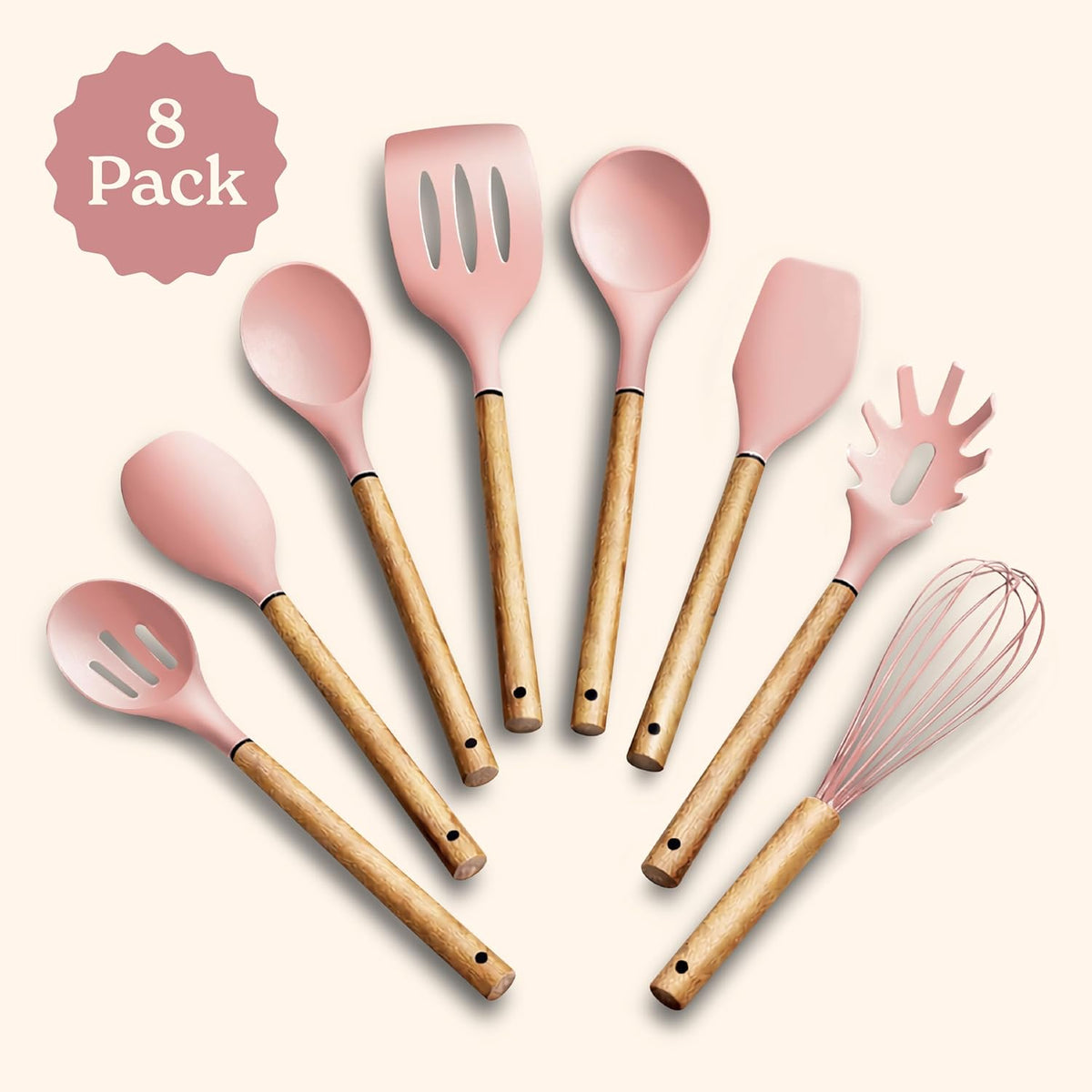Non Stick Silicone Utensil Set with Rounded Wood Handles for Cooking and Baking, 8 Piece Set, Pink