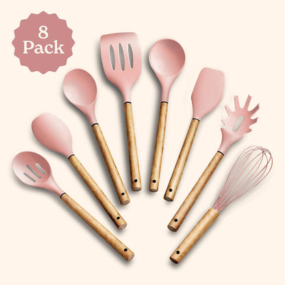 Non Stick Silicone Utensil Set with Rounded Wood Handles for Cooking and Baking, 8 Piece Set, Pink
