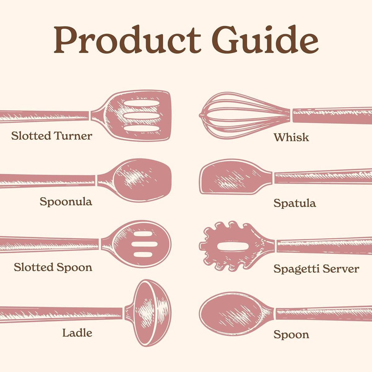 Non Stick Silicone Utensil Set with Rounded Wood Handles for Cooking and Baking, 8 Piece Set, Pink