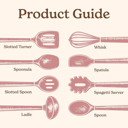Non Stick Silicone Utensil Set with Rounded Wood Handles for Cooking and Baking, 8 Piece Set, Pink