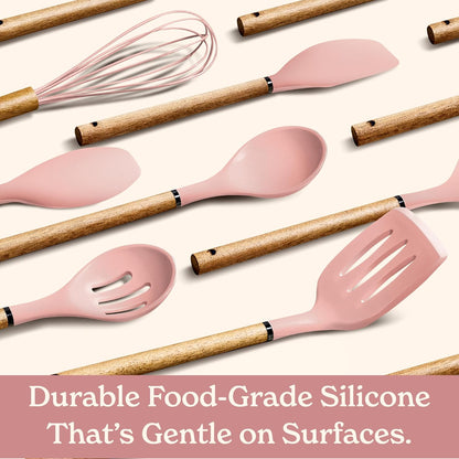 Non Stick Silicone Utensil Set with Rounded Wood Handles for Cooking and Baking, 8 Piece Set, Pink