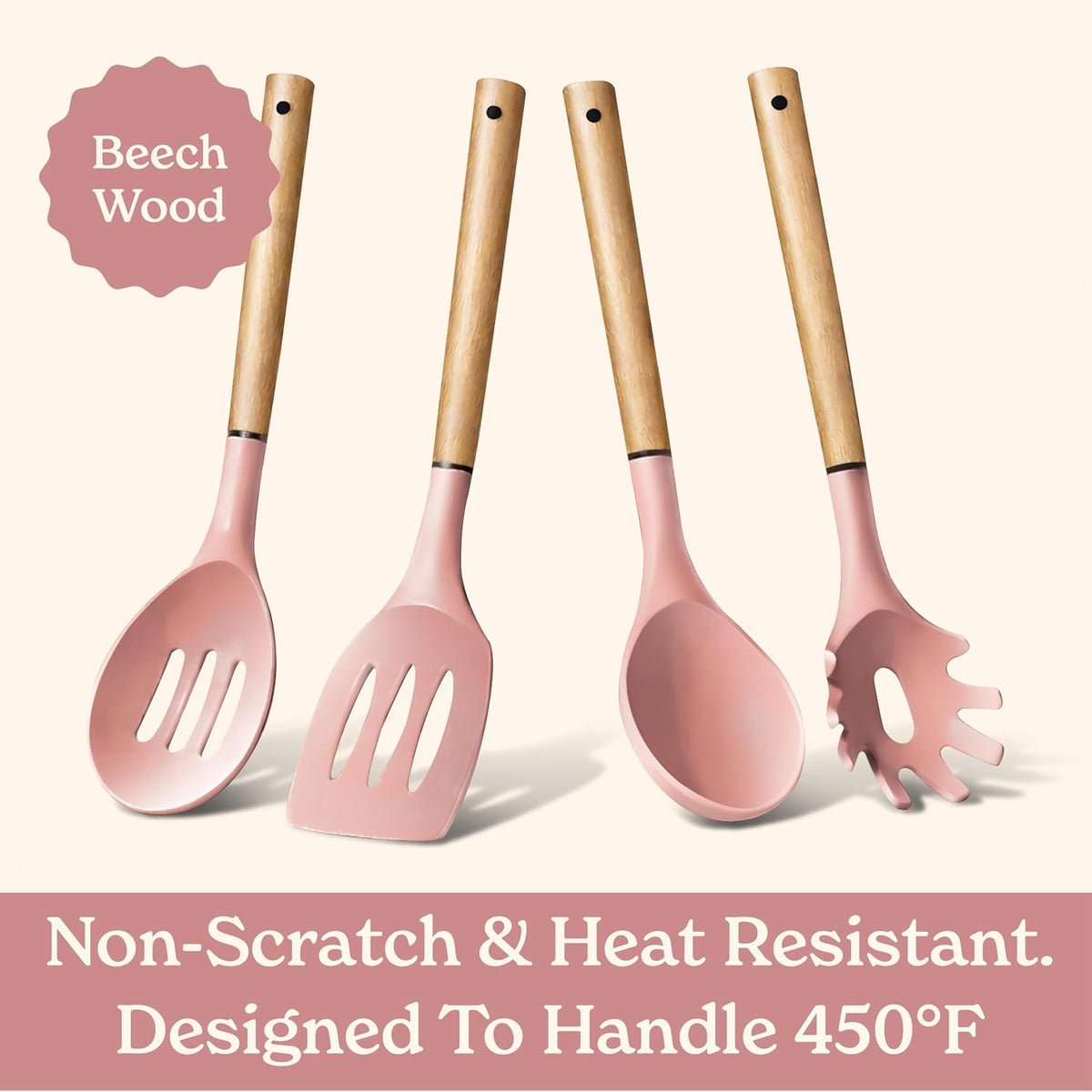 Non Stick Silicone Utensil Set with Rounded Wood Handles for Cooking and Baking, 8 Piece Set, Pink